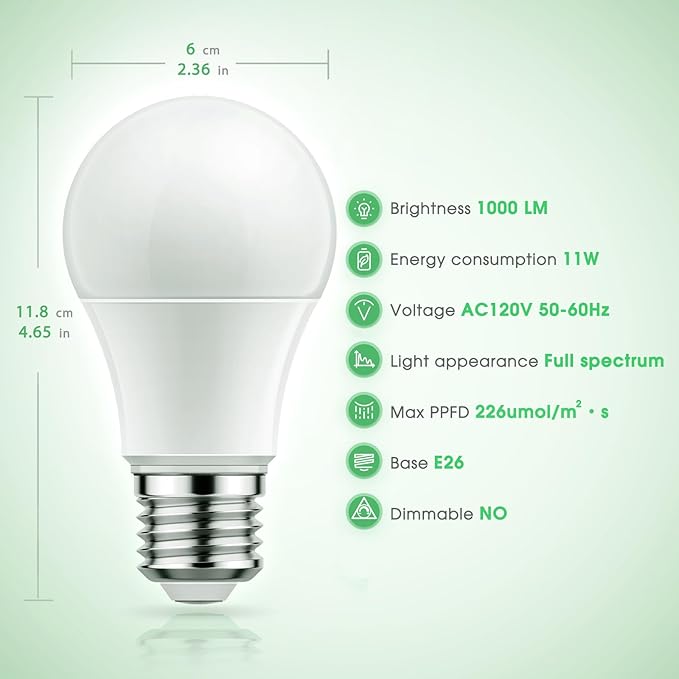 Briignite Grow Light Bulbs, LED Grow Light Bulb A19 Bulb, Full Spectrum Grow Light Bulb, Plant Light Bulbs E26 Base, 11W Grow Bulb 100W Equivalent, Grow Light for Indoor Plants, Seed Starting, 12Pack