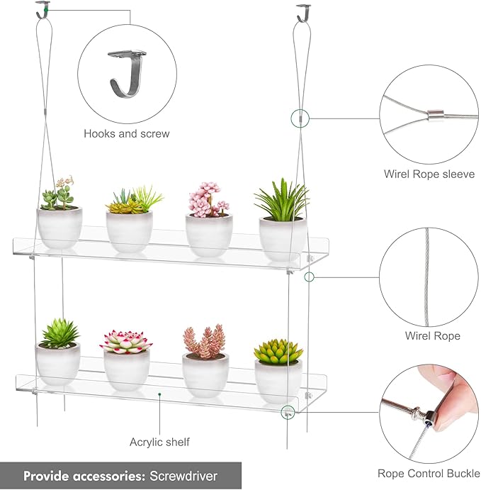 OtNiap 2-Tier Clear Hanging Window Plant Shelves 16inch,Indoor Windows Wall Hanging Plant Stand Flower Display,Flower Pot Organizer Storage for Window Grow Herbs,Microgreens,Succulents,Flower