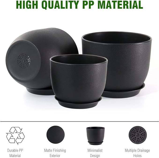 UOUZ 12/10/9 Large Modern Plant Pots, Plastic Planters with Drainage Holes and Saucers for Indoor Outdoor Plants Flowers, Black