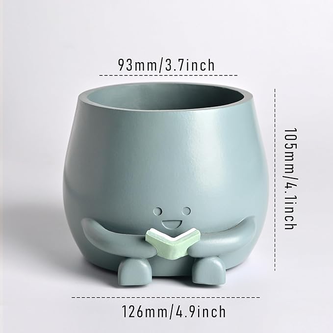 ZSHAWN Smiley Face Planter, Book Lover Plant Pot, Resin Bookworm Planter with Drainage Hole Plug, Cute Reading Succulent Pot Happy Face Indoor Desk Bookshelf Home Decor Blue