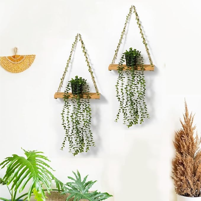2 Pack Wooden Hanging Shelves with Artificial Eucalyptus Plants Wall Decor for Living Room, Bedroom, Bathroom - Fake Hanging Plant and Wood Wall Shelf Set for Boho Farmhouse Home Decor