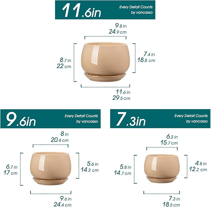 vancasso 3-Pack Ceramic Plant Pots, 7.3/9.6/11.6 Inch Indoor Planters with Saucers & Drainage Hole Planter pots for Indoor Plants and Flower, Brown