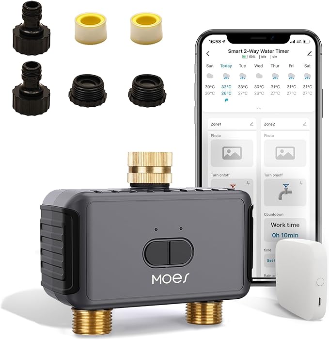 MOES WiFi Sprinkler Timer 2 Zone with Brass Inlet & Outlet, Water Timer for Garden Hose Faucet, Programmable Watering Irrigation 2 Outlet, Smart Watering System for Lawns and Yard Work with hub