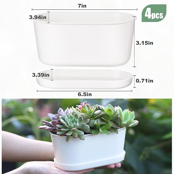 Oliz Set of 4 White Oval Window Sill Planters with Drainage Holes and Trays（7 Inch） for Herbs Basil Orchids Succulents, Modern Herb Garden Planter for Indoor/Outdoor Plants