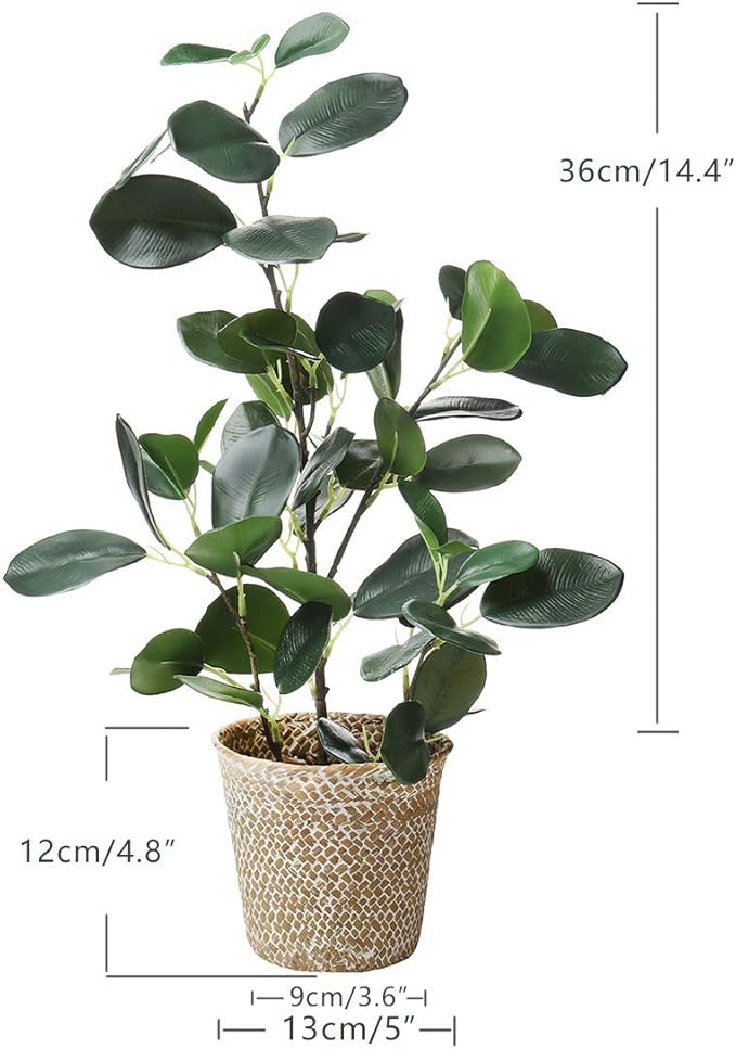 SAROSORA Artificial Ficus Tree Small Fake Plants in Weaved Pot 20" Height for Living Room Desktop Decor Indoor Home Office Ins Style (Green, 1)