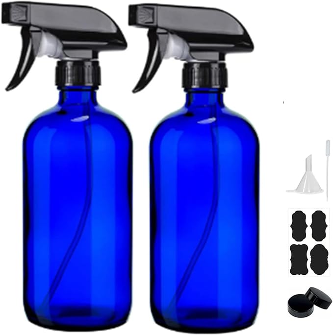 16oz Glass Spray Bottles,2-Pack Refillable Empty Spray Bottl for Cleaning, Hair Care, Plants - Adjustable Nozzl - Blue