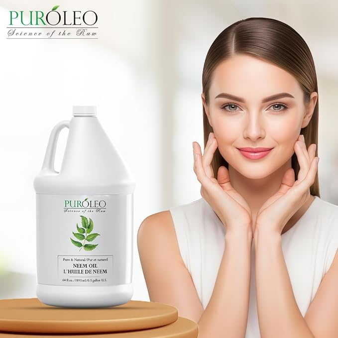 PUROLEO NEEM Oil 64 Fl Oz/1900 ML (Packed in Canada) 100% Pure and Natural Neem Oil for Multipurpose Use | Neem Oil extracted from NEEM Plante Chemical Free Neem Oil Spray