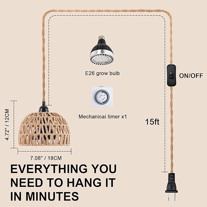 Hanging Grow Lights for Indoor Plants, Full Spectrum, with Timer and 15FT Power Cord, 30W Pendant Plant Lights for Indoor Growing, Garden, Flowers, Greenhouse (4000k, Weaving Style)