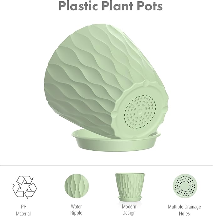 Meowell 4 inch Small Plastic Nursery Pots, 5 Pack Water Ripples Plant Pots for Indoor Plants, Flower Pots with Drainage Holes and Saucers, Seeding Starter Planters for Decorative, Green