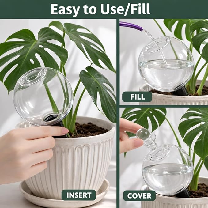 4 Pack 17oz Plant Self Watering Globes – Top Fill Watering Globes, Plastic Water Bulbs with Slow Release Terracotta Planter Insert & Glass Stoppers, Ideal for Vacation & Houseplants