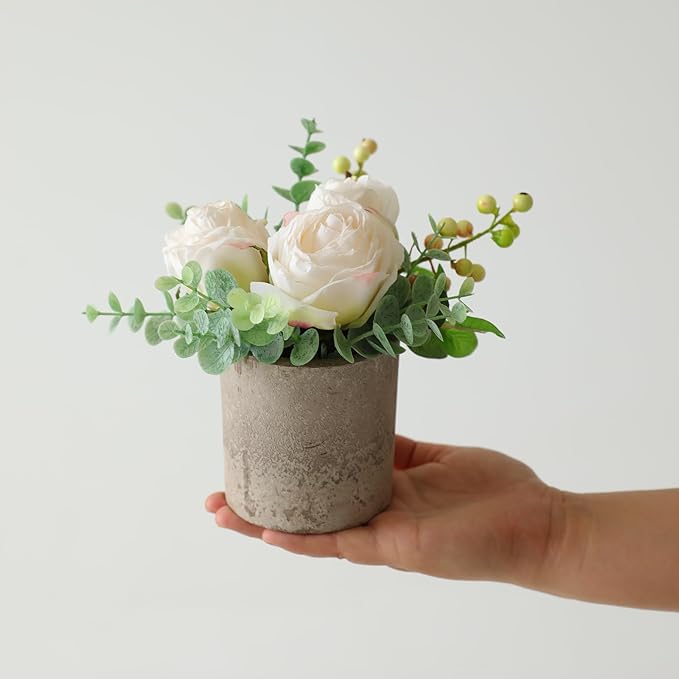 Small Artificial Burnt White Rose Potted Plant, 6" Fake Silk Flowers in 3" Cylindrical Pot, Mini Faux Floral Arrangement for Desk Shelf Bathroom Decor