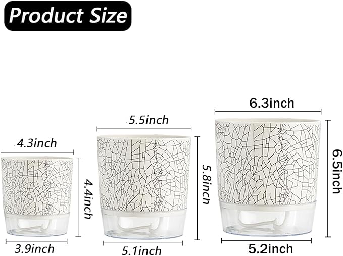 3 Pack 4.3+5.5+6.3 Inch Self Watering Pots Set, Self Watering Planter with Reservoir and Wick Rope for Indoor/Outdoor Plants, Modern Houseplants Pots for African Violets,Cactus,Herbs,Succulents