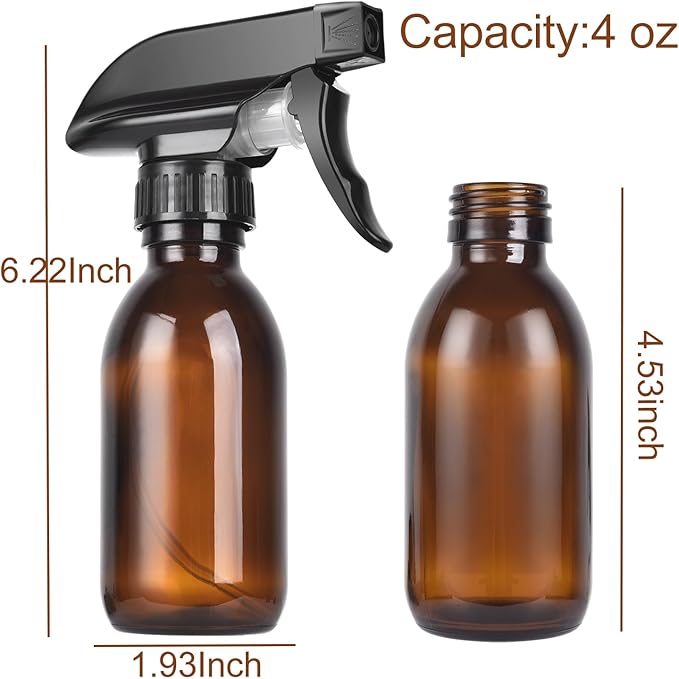 4 oz Amber Glass Spray Bottles - 2 Pack Empty Refillable Bottle for Cleaning Solutions,Hair Care,Essential Oils, Plants - Durable Nozzle,with Labels &Funnel, Dropper