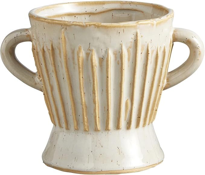 47th & Main Textured White Glazed Ceramic Planter with Handles for Flowers Small Plants Succulents and More, Large, Stripes