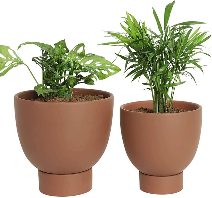 vensovo Dark Terracotta Self Watering Plant Pot - 2 PCS 6 Inch & 8 Inch Terra Cotta Plant Pot with Drainage Hole and Saucer, Small & Large Clay Flower Pot with Tray, Planter for Indoor Outdoor