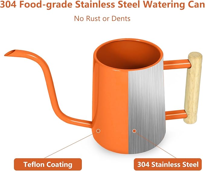 Watering Can Indoor Plants, 35 oz/1000 ml Metal Stainless Steel Watering Can Pot with Long Spout for Indoor House Plants Bonsai Outdoor Garden Flower Decorative (Orange)