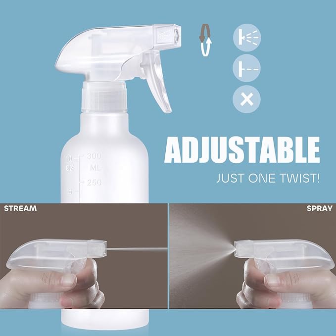 VEXPLO Spray Bottles, Small Spray Bottle for Hair Cleaning Plants Pet, Mist/Stream Adjustable, BPA-free Plastic Water Squirt Bottle 10 oz (300ml), 2 Pack