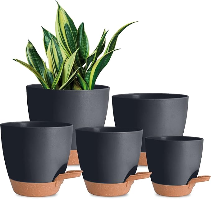 Vanslogreen Plant Pots Pack of 5, 7/6.5/6/5.5/5 Inch Self Watering Planters with Drainage Hole Planter for Indoor Plants, Planting Pots for African Violet, Ochid and House Plants (Black)