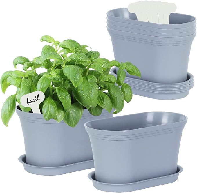 Oliz Windowsill Herb Garden Planter with Tray, Set of 6 Grey Oval Farmhouse Garden Pots for Indoor/Outdoor Plants (No Seeds)