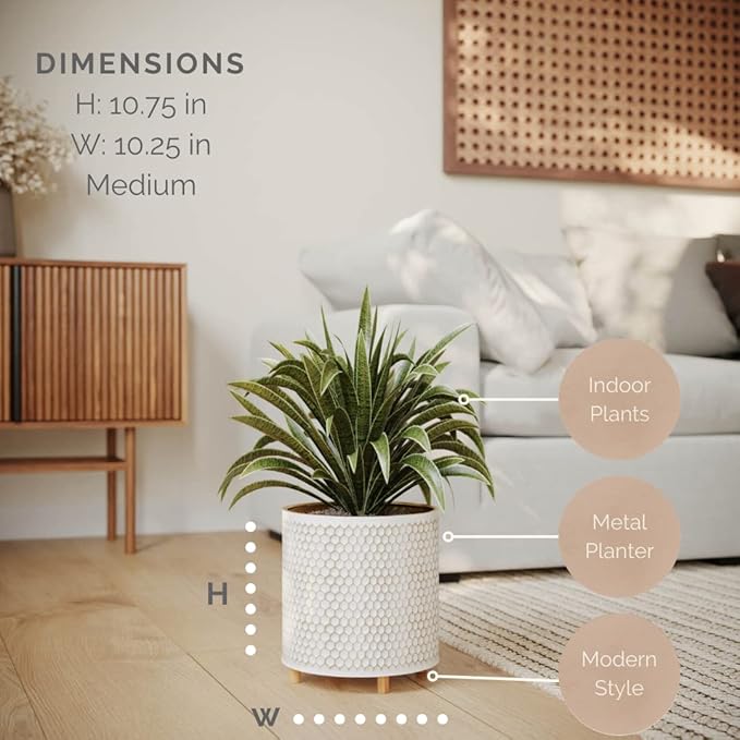 EverNest Honeycomb Gold and White Planter with Wooden Peg Leg Stand, 10-Inch Plant Pot, SelectBase, Mid-Century Modern, Indoor Home Decor Planters (Medium, 2 Gallon)