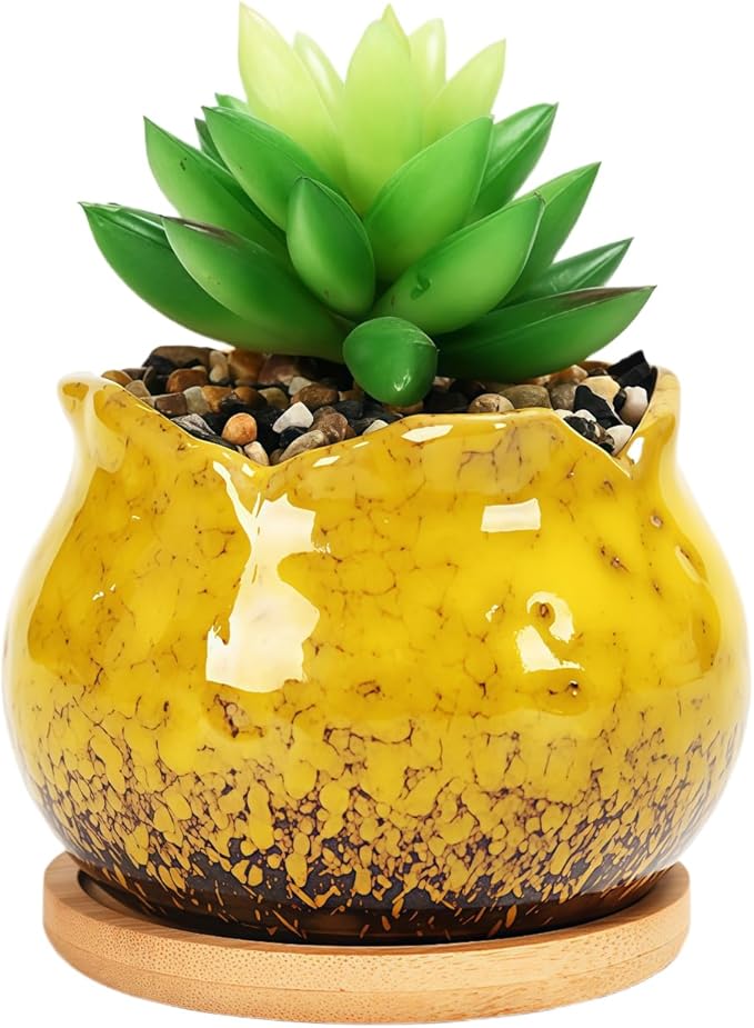 Cute Circular Ceramic Home Garden Decoration Succulent Cactus Flower Pots Container with Bamboo Tray -Plant Not Included (Yellow, 4 Inch)