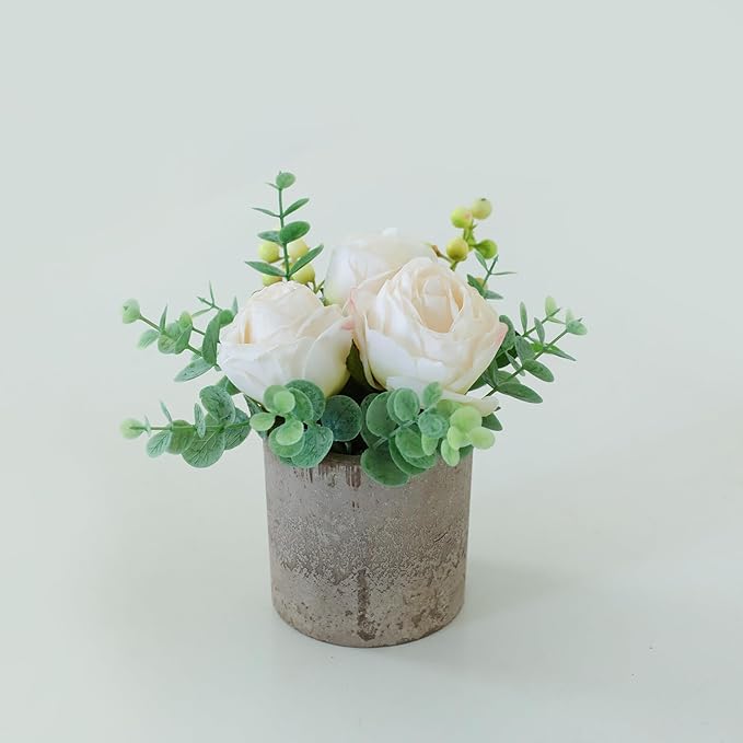 Small Artificial Burnt White Rose Potted Plant, 6" Fake Silk Flowers in 3" Cylindrical Pot, Mini Faux Floral Arrangement for Desk Shelf Bathroom Decor