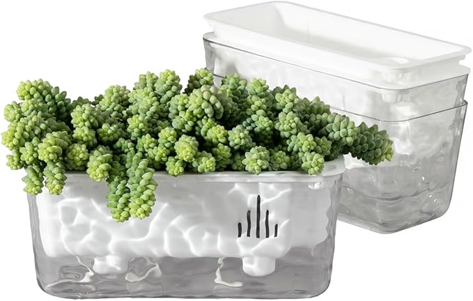 3 Pack Self Watering Rectangular Plant Pots, 11" x 5"x 5" Plant Containers with Drainage Holes, Rectangle Houseplant Window Planters for Succulents, Flowers,Herbs,Vegetables (White)