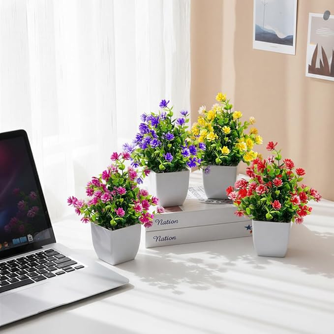 CEWOR Fake Flowers 4 Packs Artificial Plants Indoor Mini Eucalyptus Flowers Decorations for Spring Desk Wedding Bathroom Office Home Room Table Decor Indoor Outdoor