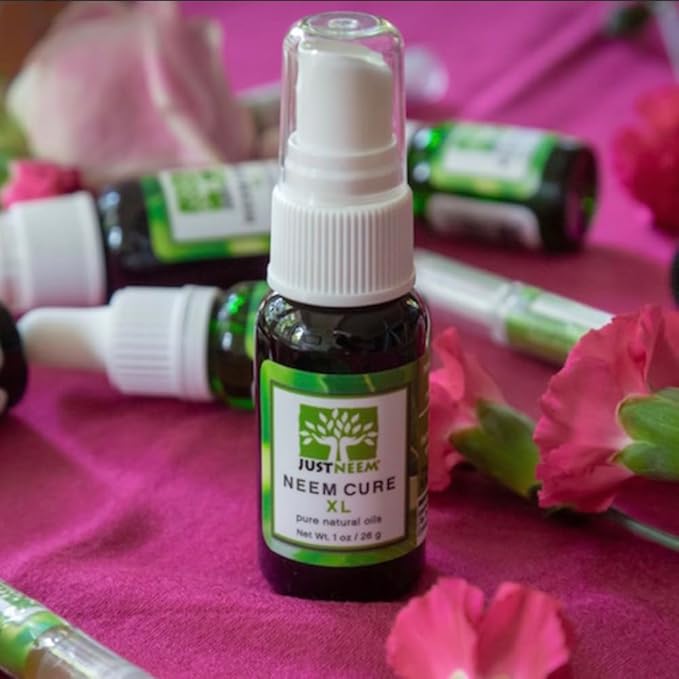 JustNeem Neem Cure Oil XL - Natural Neem Oil Blend- Best on Acne, Psoriasis, Eczema, Rosacea, Cold Sores, Toe Nails, Bug and Spider Bites and Other Skin Irritations. With Spray Head. 1 oz