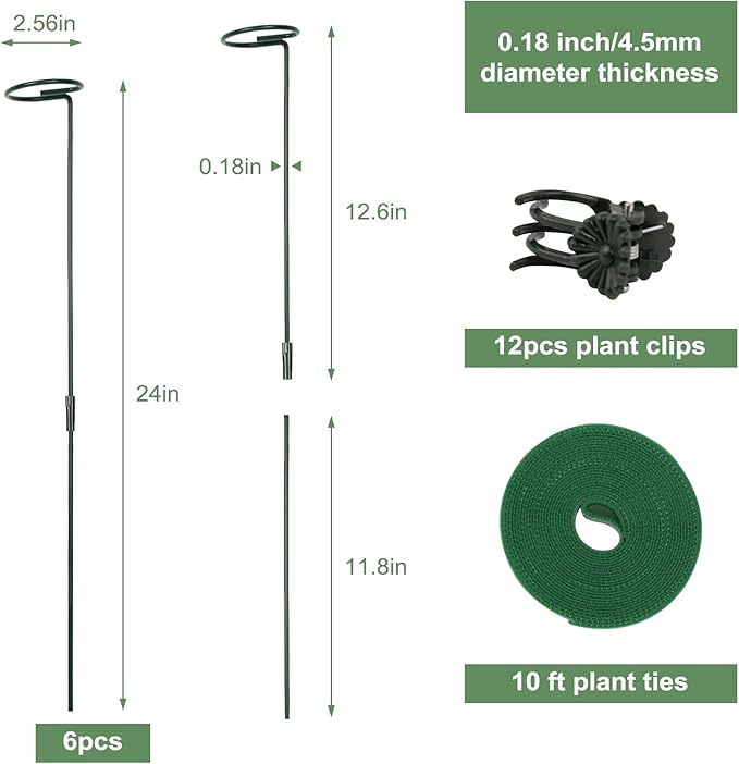 6 Packs Plant Support Sticks for Indoor Plants, Two Sizes (12 or 24 Inches) Orchid Stick and Clip, 0.18 inch Thicker Support Stake with Plant Ties and 12 Pcs Plant Clips for Flowers