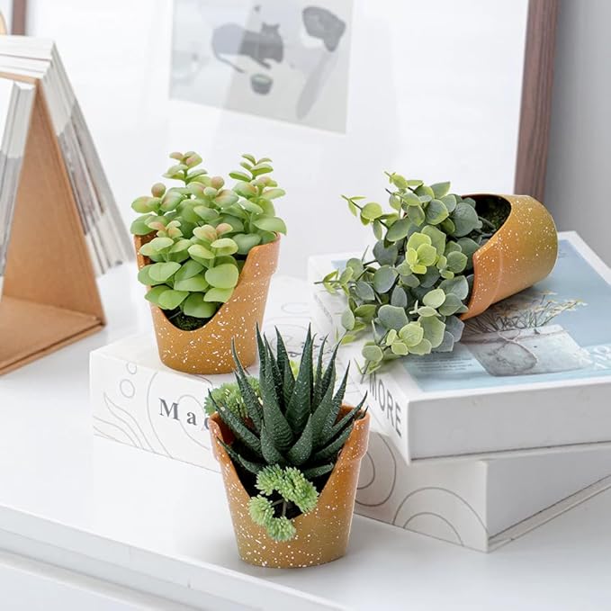 3 Pack Artificial Succulent Plants, Small Potted Fake Plants, Artificial Eucalyptus Leaf Aloe Vera Plants, for Home Decor, Farmhouse Bathroom Office Decor