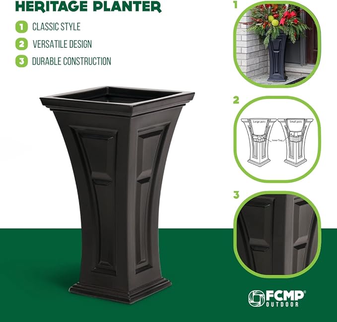 FCMP Outdoor Heritage Self-Watering Planter (2-Pack) – Set of 2 Large Planters for Porch, Patio, Outdoor/Indoor (HP3000-BLK-2) Black (28.5-inch Tall)