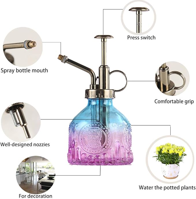 Plant Mister Glass Spray Bottle Small Plant Watering Can 6.4" Tall Retro Indoor Watering Can Bronze Plastic Top Pump for Garden Indoor Plant Sprayer