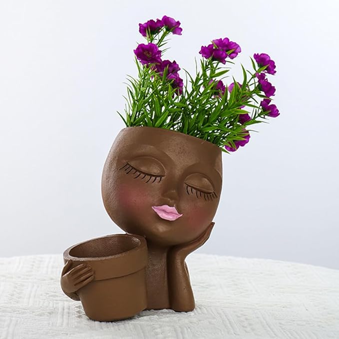 Lady Face Resin Planter Pot - Dual Planting Spaces & Drainage Holes, Indoor/Outdoor Decor for Succulents/Cactus - Unique Gift for Plant Lovers (Brown)