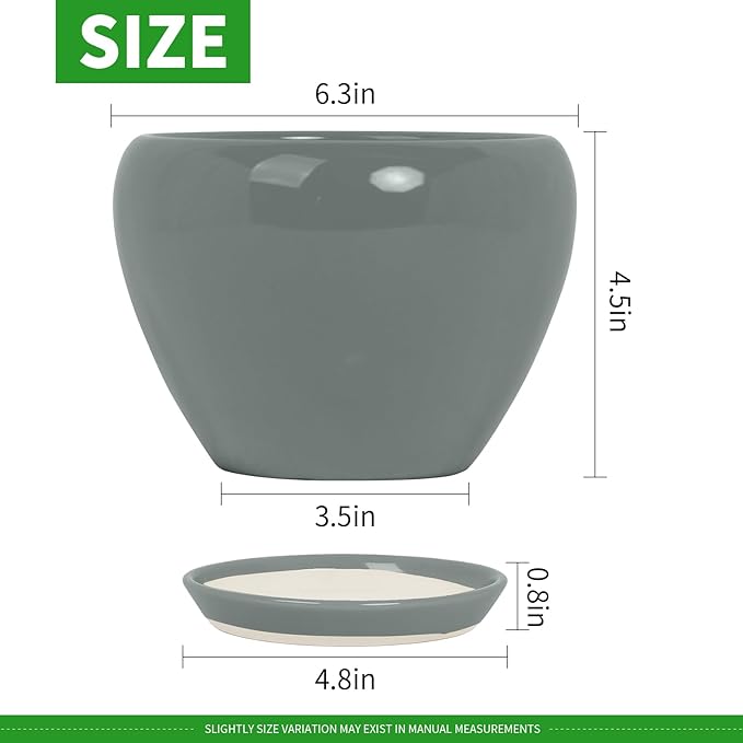 Deep Dream 6 Inch Plant Pots- Ceramic Planter Pot with Drainage Hole and Saucer, Round Flower Pot for Indoor Outdoor Succulent, Snake Plants and Cactus, Grey