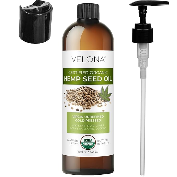 velona Hemp Seed Oil USDA Certified Organic - 32 Fl Oz | 100% Pure and Natural Carrier Oil | Unrefined, Cold Pressed | Hair, Body, Face & Skin Care