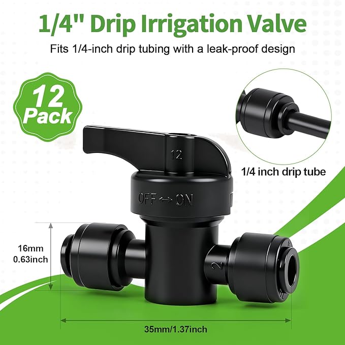 RedChili 12 PCS Quick Connect Drip Irrigation 1/4" Shut Off Valve Fitting, Universal In-line Shutoff Valves for 1/4-Inch Drip Tubing Leak Free Fittings for Sprinkler Irrigation System Connection