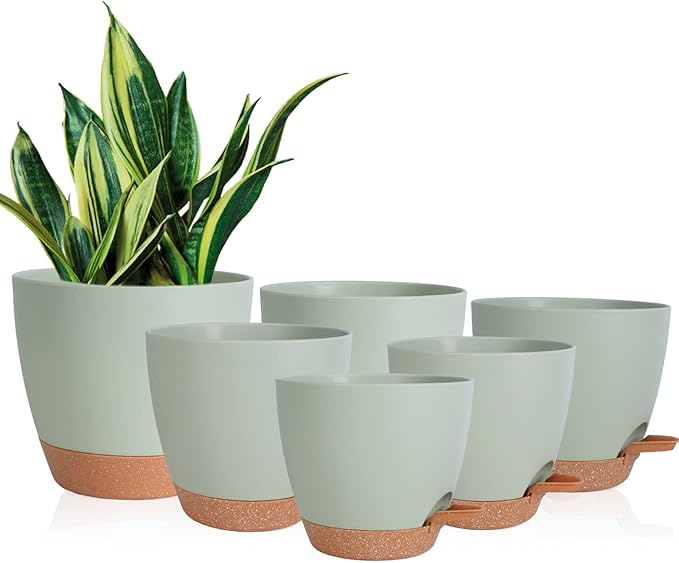 Vanslogreen Planters for Indoor Plants, 8/7/6.5/6/5.5/5 Inch Self Watering Planters with Drainage Hole, Plastic Planters Flower Pots for Indoor Outdoor Plants (Green)