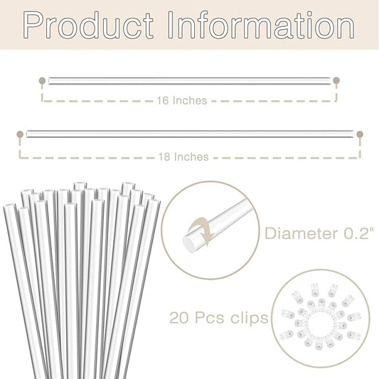 Plant Stakes,Plant Sticks 20PCS Acrylic Clear Plant Support Stakes,18 Inches Garden Single Stem Orchid Stakes for Indoor and Outdoor Plants,Orchid,Potted Plants,Tomatoes,Flowers（with 20PCS Clips）