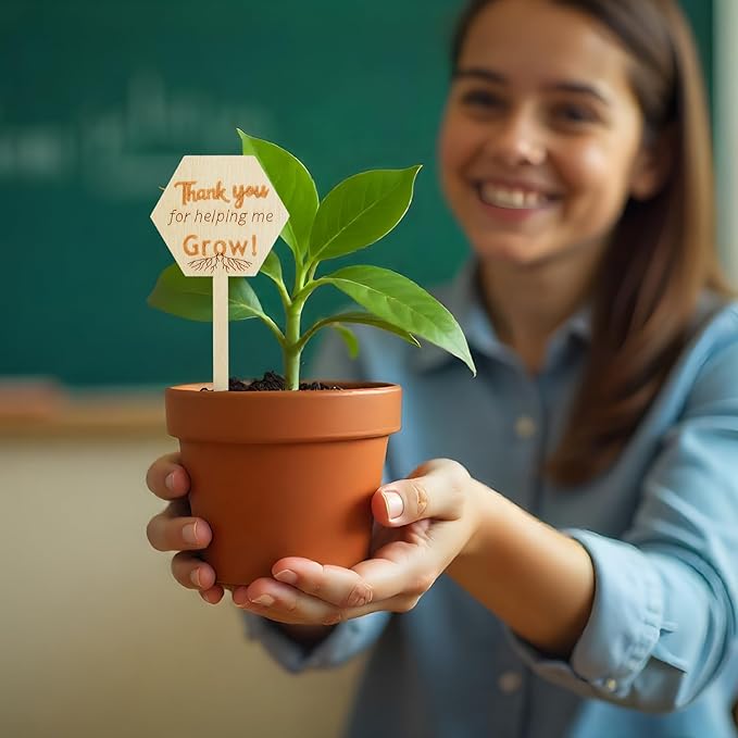 Sieral 50 Pcs Wooden Teacher Appreciation Plant Tags Sign, Thank You for Helping Me Grow, Hexagon Plant Tags, Grow Succulent Gift Card Graduation Gifts Stakes Labels Garden for Baby Shower