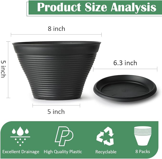 RooTrimmer 8 Inch Plastic Plant Pots with Saucers 8 Pack, Flower Pots with Drainage Holes, Sturdy Planter Pots for Indoor Outdoor, Modern Decorative Gardening Pots for Planting House Plants, Black