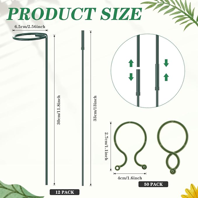12 Pcs Plant Stake Support Adjustable Three Sizes(12 or 24 or 36 Inch) Monstera Support Stakes for Outdoor or Indoor, Garden Plant Stakes for Flowers Amaryllis Tomato Lilies Peony Rose