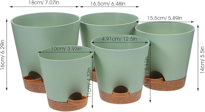 GANAZONO 5pcs Self Watering Planter Pots Set for Indoor Balcony Garden, Plastic Flower Containers with Detachable Clips, Automatic Watering Succulent Planters in Green