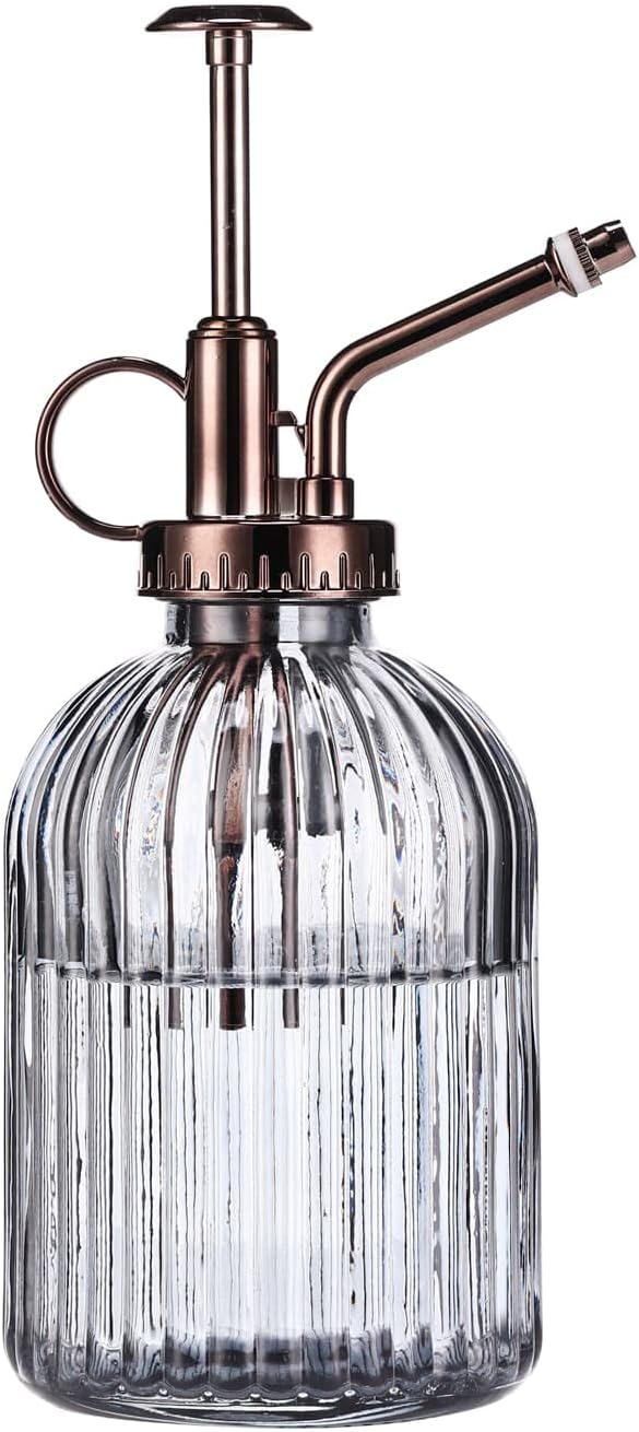 Glass Plant Mister - 7.5" Green Glass Water Spray Bottle with Gold Top Pump, Indoor/Outdoor Small Plant Sprayer (Gray+Bronze)