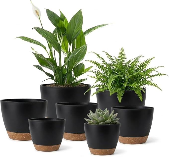 LIFFY Plant Pots, 8,7.5,7,6.5,6,5.5,5 Inch Plastic Self Watering Planters with Drainage Holes & Saucers, 7-Pack Black Nursery Planting Pot with Deep Reservoir for Indoor Outdoor Plants