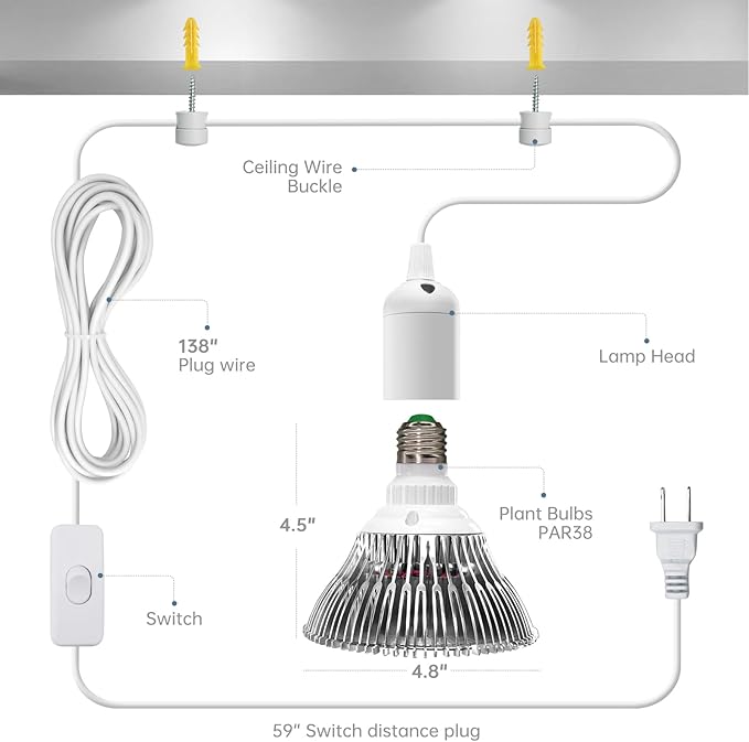 Bstrip Hanging Grow Light for Indoor Plant, 25W Full Spectrum Hanging Plant Light, 3000K LED Grow Light Bulbs with 16.4FT Power Cord, 1 Pack