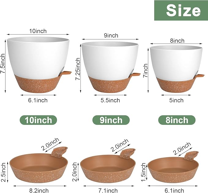 Vanslogreen Planters for Indoor Plants, 10/9/8 Inch Self Watering Plant Pots with Drainage Hole, Plastic Planters Flower Pots for Indoor Outdoor Plants (White)