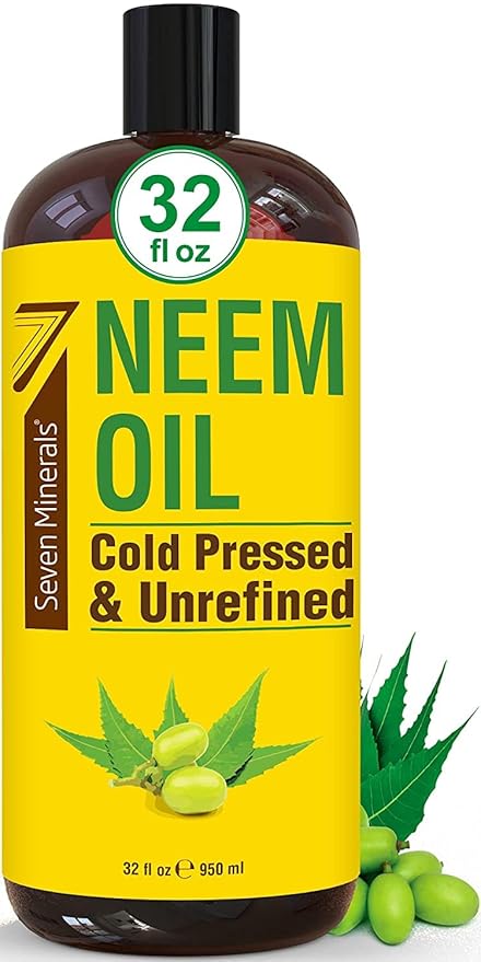 Seven Minerals Pure Cold Pressed Neem Oil - Big 32 fl oz Bottle - Non-GMO, Hexane Free, 100% Pure Neem Oil for Plants Spray, Skincare, & Haircare. Treats Dry Skin, Wrinkles, & Promotes Hair Growth