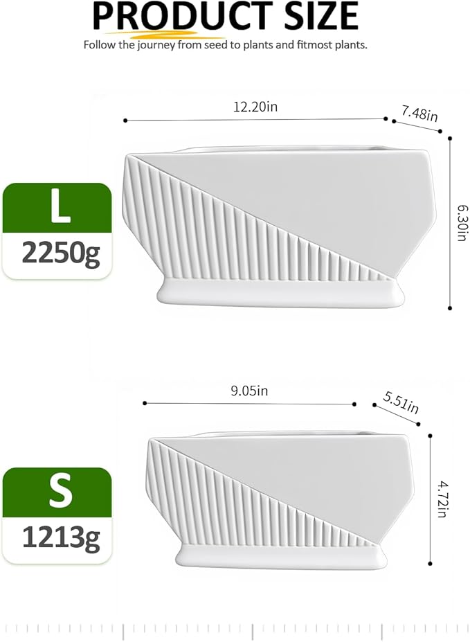 OXART Ceramic Plant pots Indoor Pots Set with Drainage Holes, 12+9 inch Flower Pot Rectangle Planters Pots for Plants for Plants Lilies, Cacti, Succulents, and Pothos, No Trays (White-1)