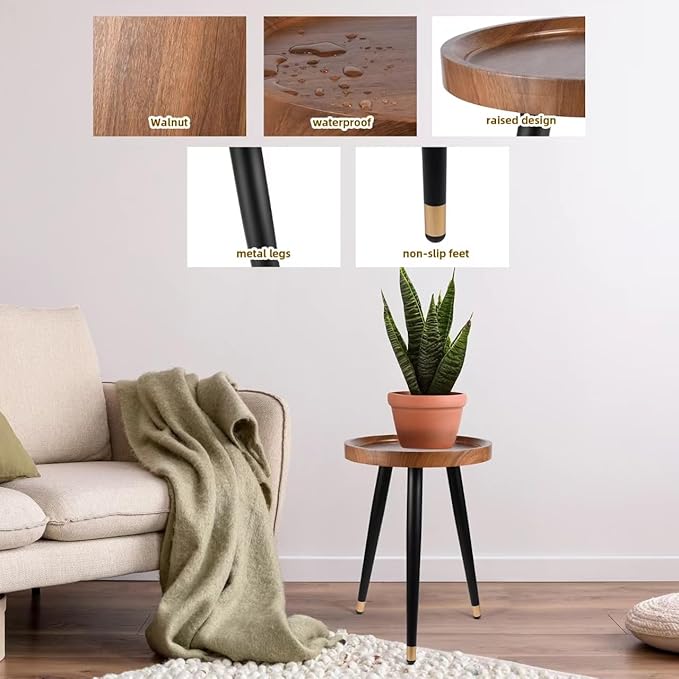 KGPLOME Plant Stand Indoor,Mid Century Walnut Wood Plant Table, Heavy Duty Metal Tall Flower Pot Stand,Modern Round Small Side End Table with Raised Design(12"x17") (2, 12 x 17 in)